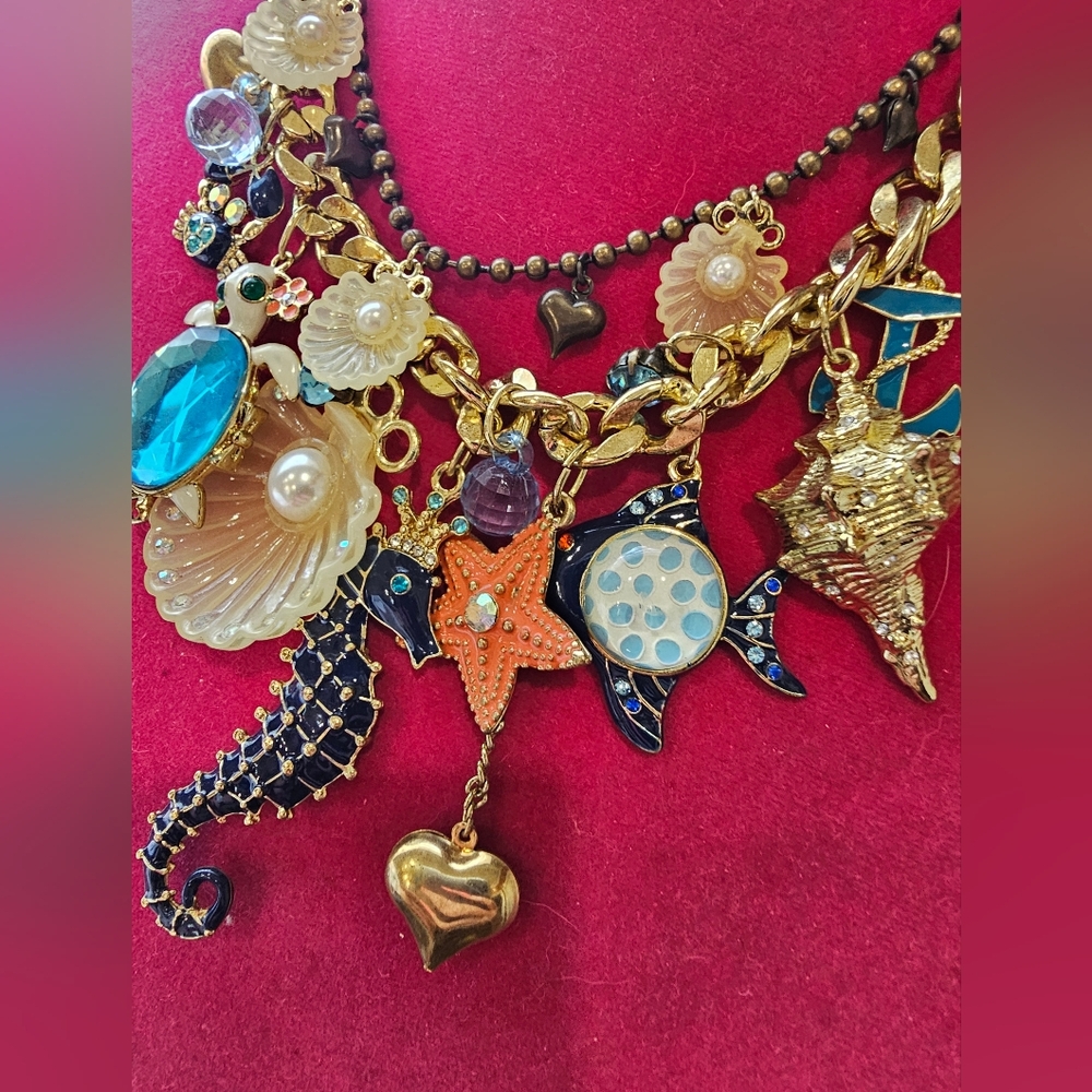 Betsey Johnson Gold-Tone Ocean Charm Necklace with Blue, Orange & Pearl Accents